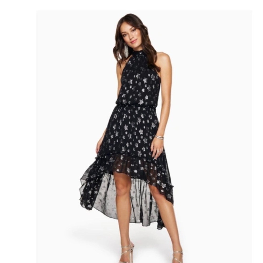 RAMY BROOK EBONY HIGH-LOW METALLIC MIDI DRESS IN BLACK W SILVER is